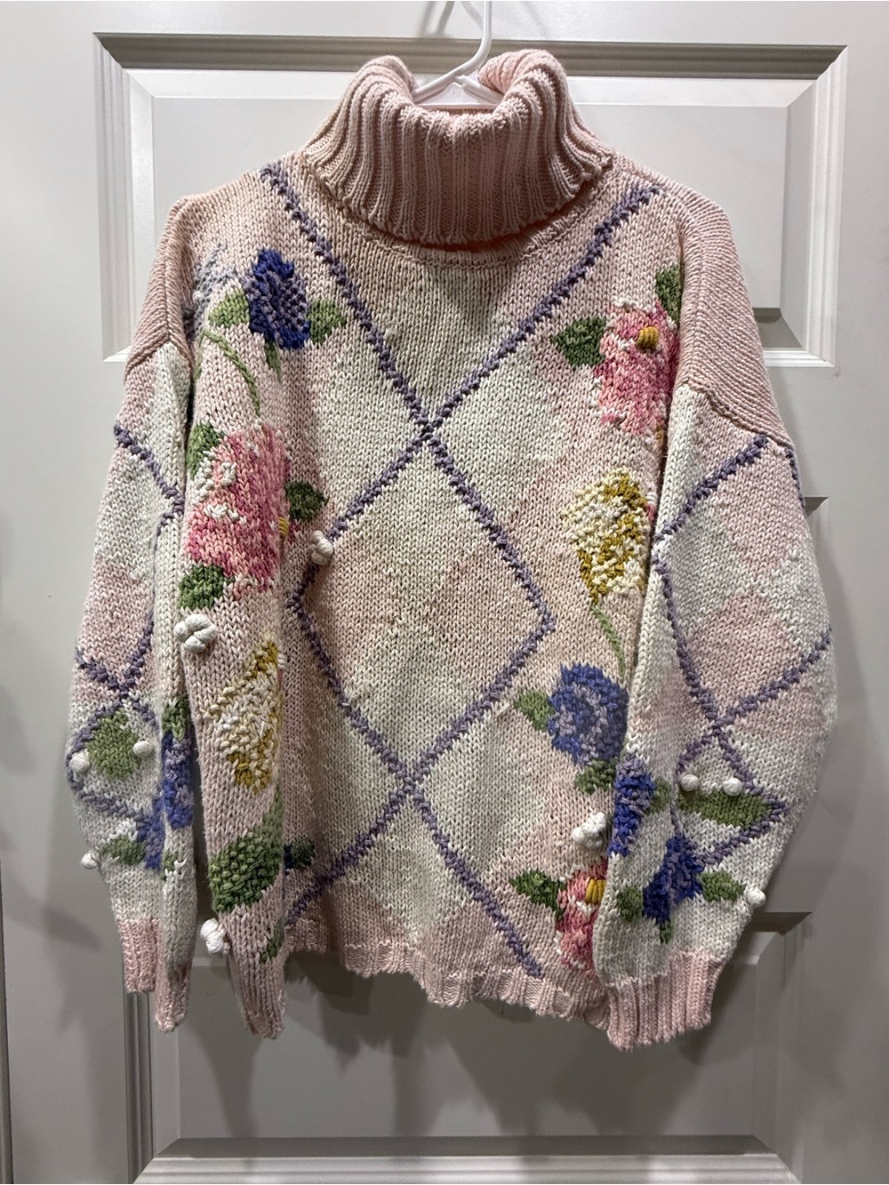 Vintage 1990s Jennifer Reed Pastel Argyle Floral Hand-Knit Turtleneck Sweater